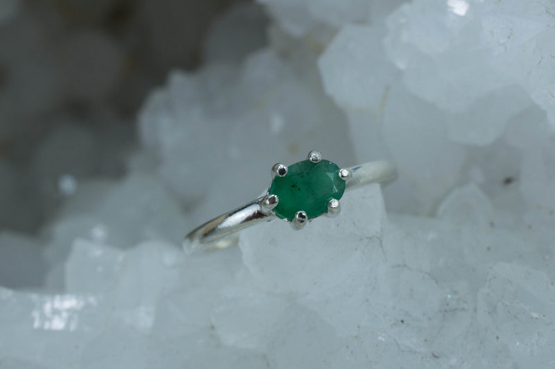 Emerald Sterling Silver Ring; Genuine Untreated Brazil Emerald