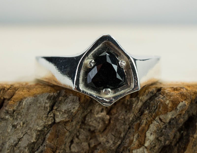 Black Spinel Sterling Silver Ring, Genuine Untreated Thailand Spinel; Men's Ring