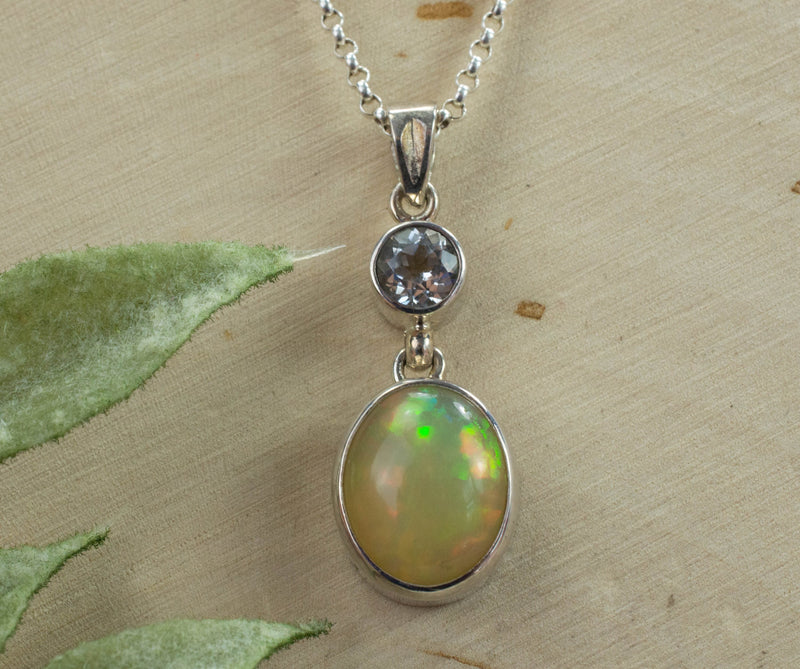Ethiopian Opal and Topaz Pendant, Natural Untreated Welo Opal and Brazil Topaz