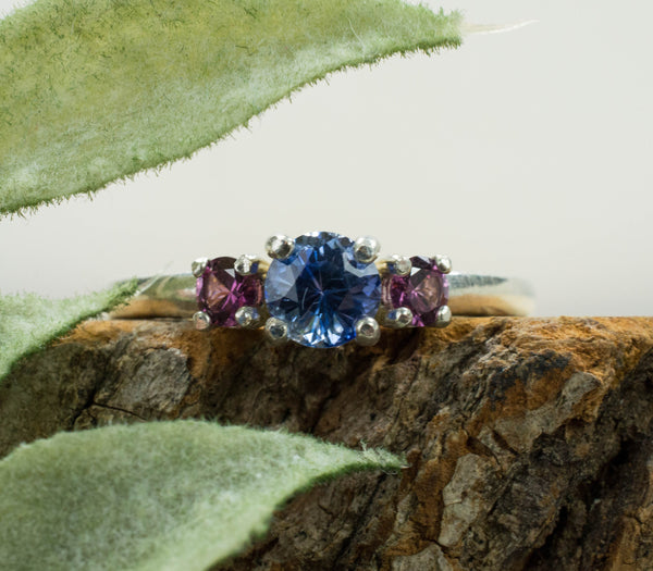 Blue Sapphire and Purple Garnet Ring, Genuine Untreated Sri Lanka Sapphire and Mozambique Garnet