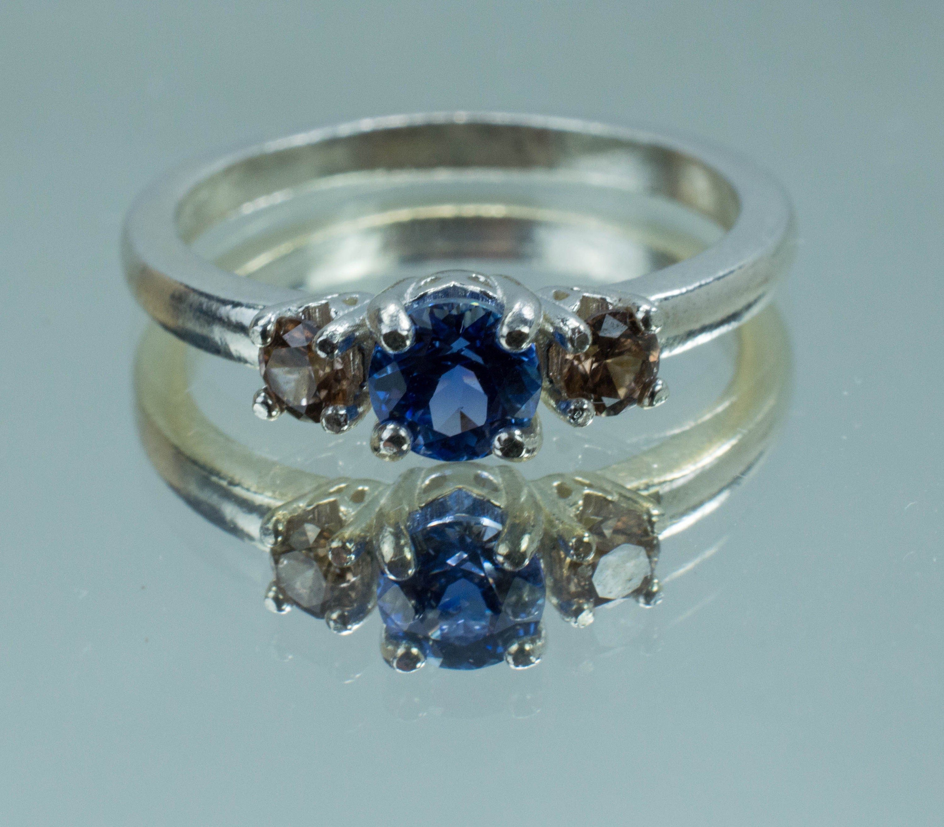 Blue Sapphire and Champagne Zircon Ring, Genuine Untreated Sri Lanka Sapphire and Tanzania Zircon - Mark Oliver Gems