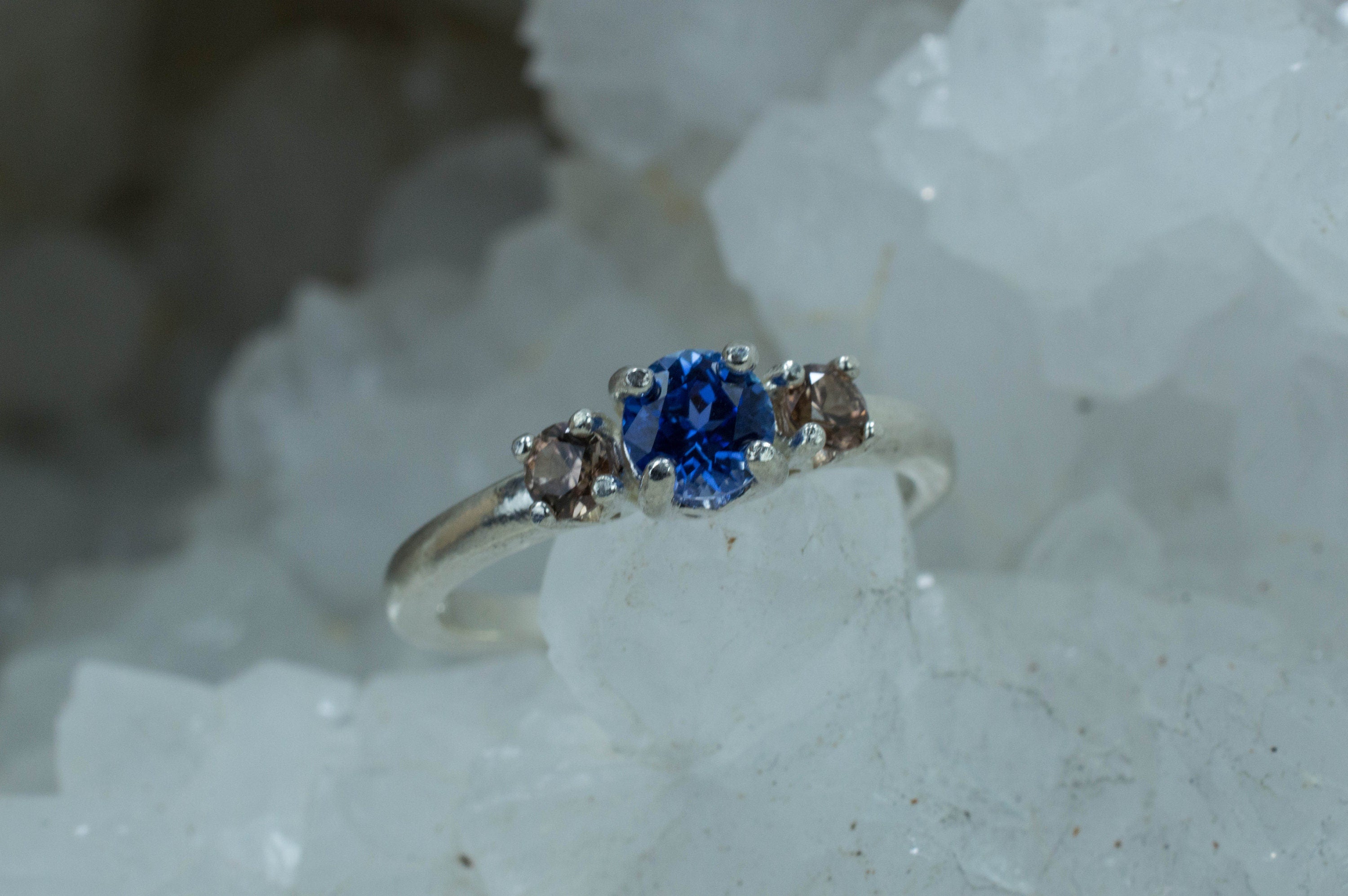 Blue Sapphire and Champagne Zircon Ring, Genuine Untreated Sri Lanka Sapphire and Tanzania Zircon - Mark Oliver Gems