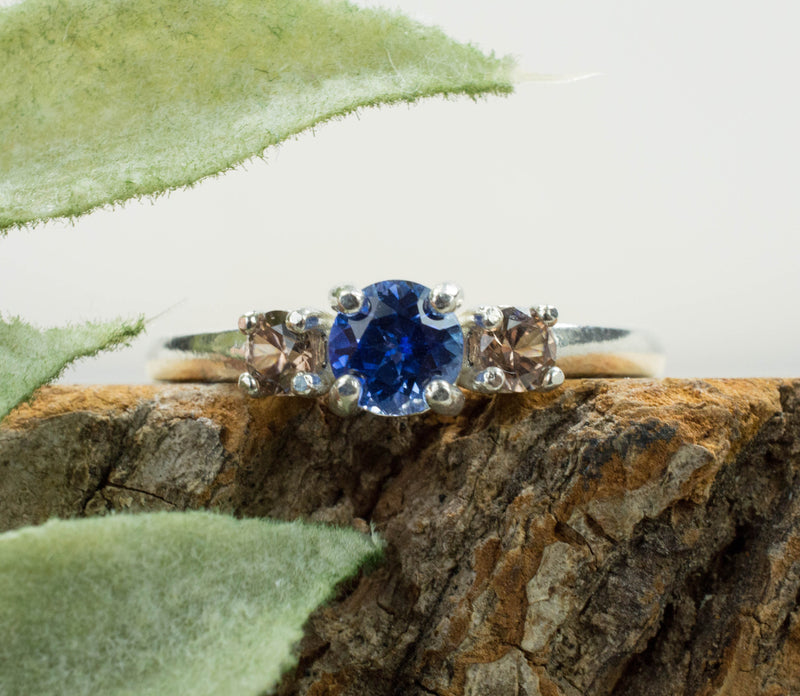 Blue Sapphire and Champagne Zircon Ring, Genuine Untreated Sri Lanka Sapphire and Tanzania Zircon