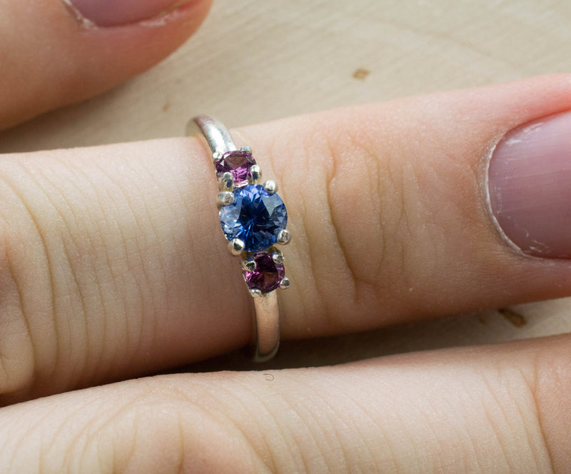 Blue Sapphire and Purple Garnet Ring, Genuine Untreated Sri Lanka Sapphire and Mozambique Garnet