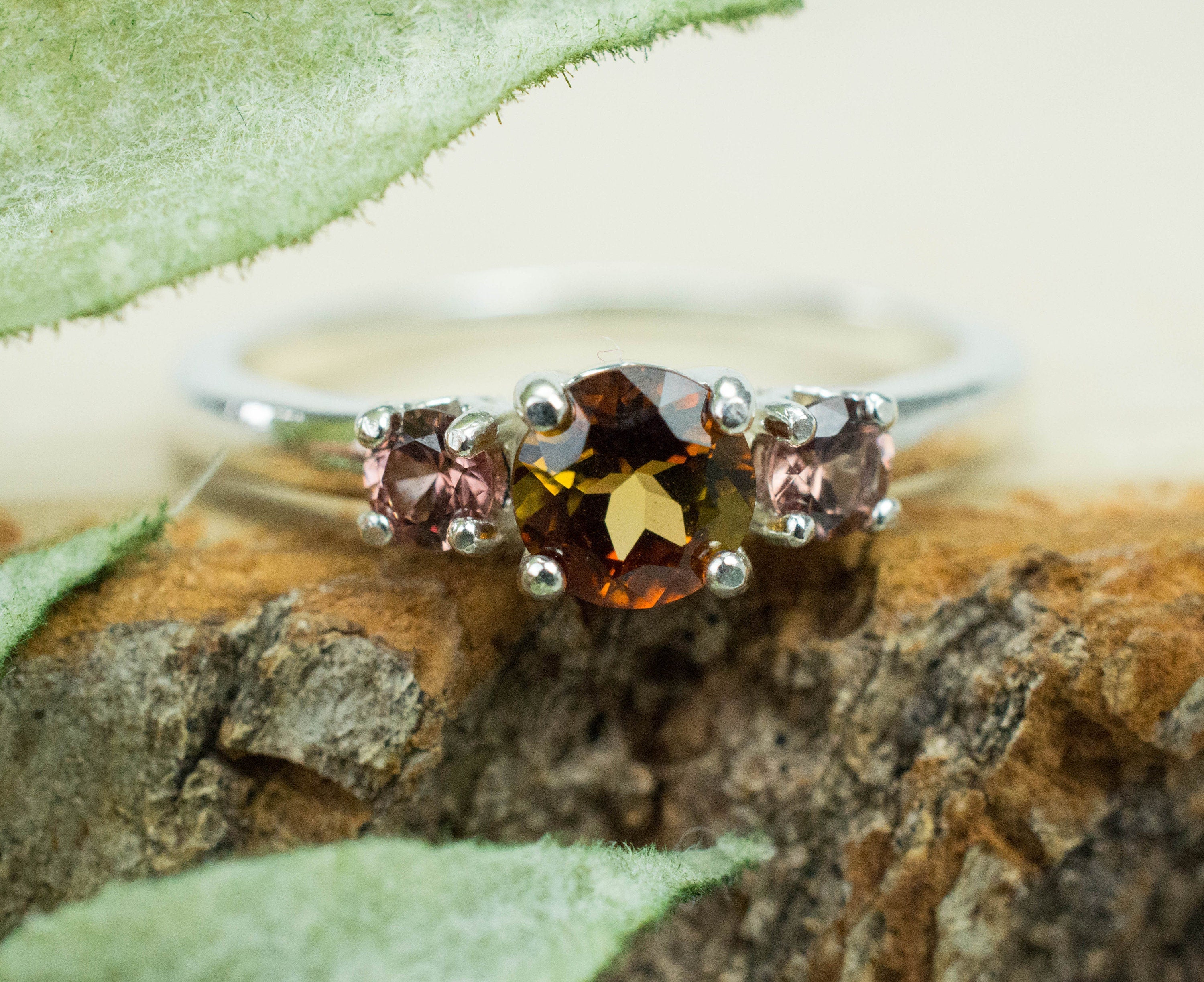 Sunset Tourmaline and Garnet Ring, Genuine Untreated Tourmaline and  Champagne Garnet