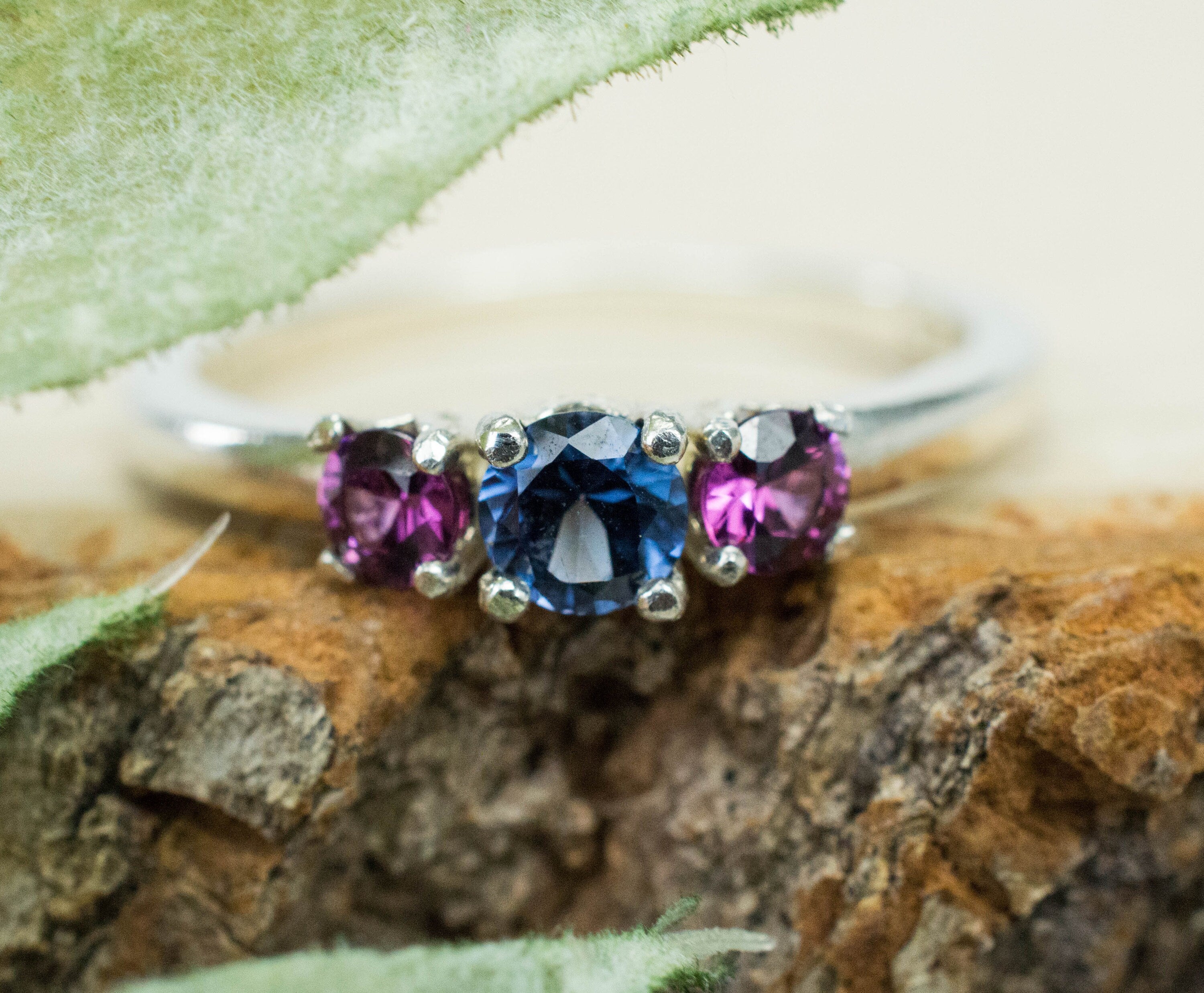 Blue Spinel and Purple Garnet Ring, Genuine Untreated Mozambique Spinel and Garnet